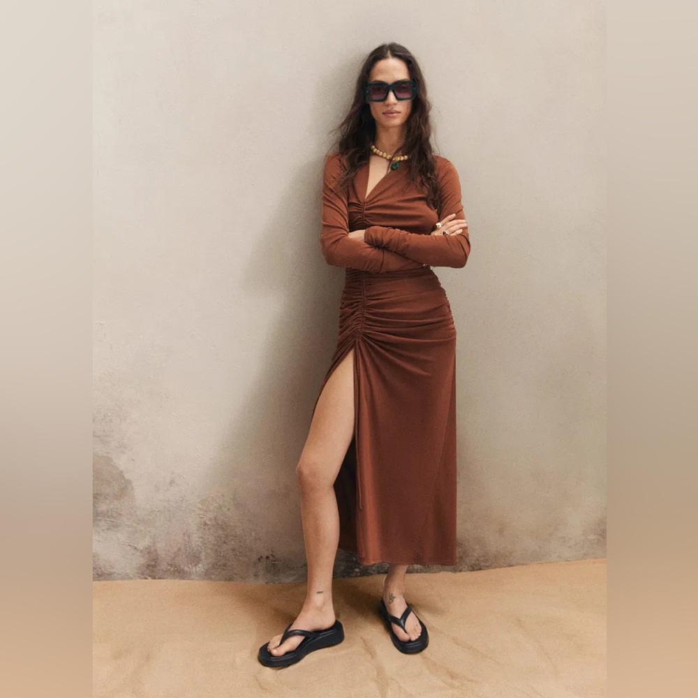Mango Long Ruched Side-Slit Dress in Rich Brown